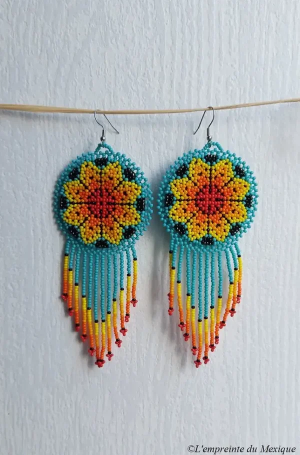 Grandes boucles d’oreilles yoyo en perles de chaquiras et simili-cuir – Art Wixárika