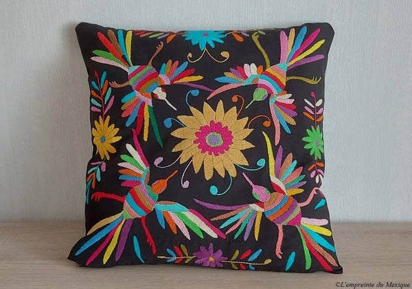 Housse de coussin colibris multicolores - Broderie de Tenango - Art Otomi