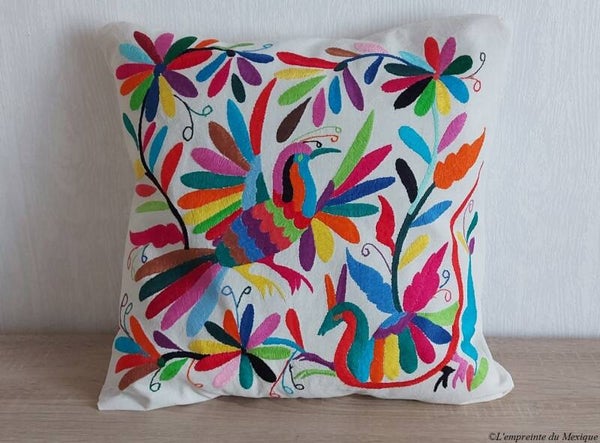 Housse de coussin oiseaux multicolores - Broderie de Tenango - Art Otomi