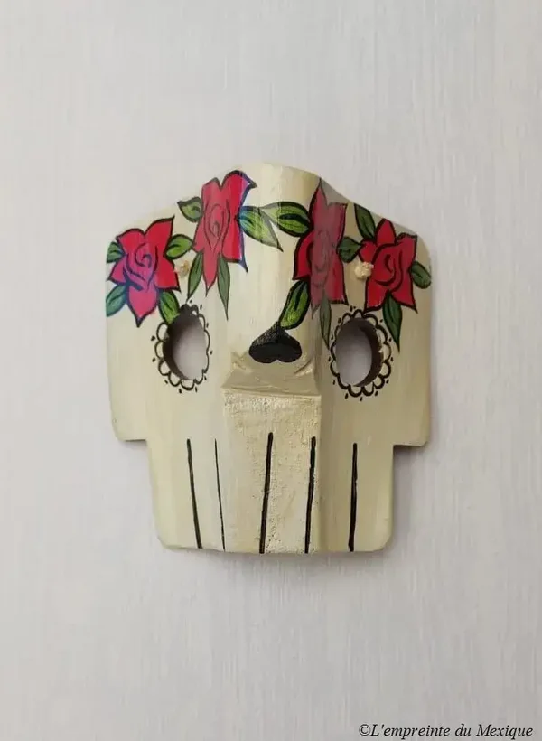 Catrina fleurs rouges – Masque mural en bois de palmier revalorisé