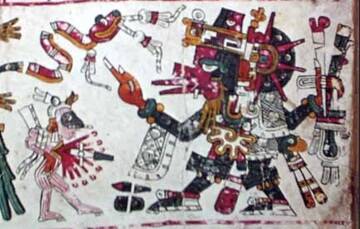 Représentation de Quetzalcoatl sous sa forme d’Ehecatl, dieu du vent, extraite du Codex Borgia