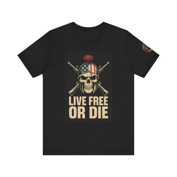 Live Free or Die Spartan Skull T-Shirt – Bold Patriotic Warrior Design