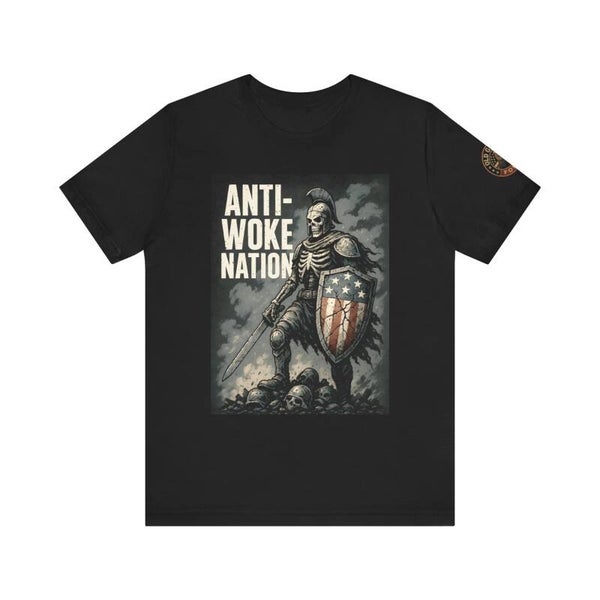 Anti-Woke Nation Warrior T-Shirt – Patriotic Armor Design