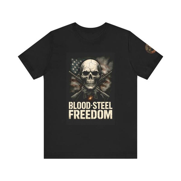 Blood Steel Freedom – Patriotic Skull & Rifle T-Shirt | American Grit Tee
