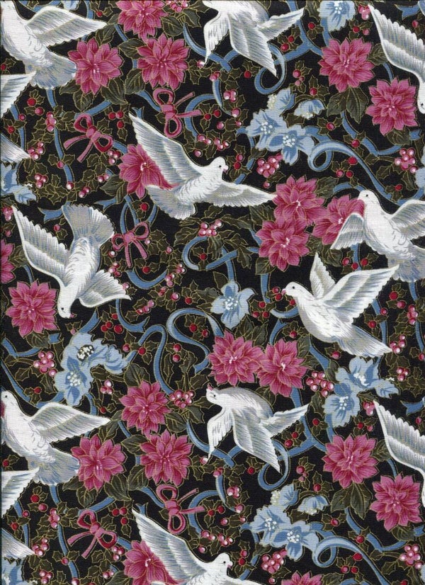 Doves with Xmas roses with silver 50 x 110 cm (per half meter)