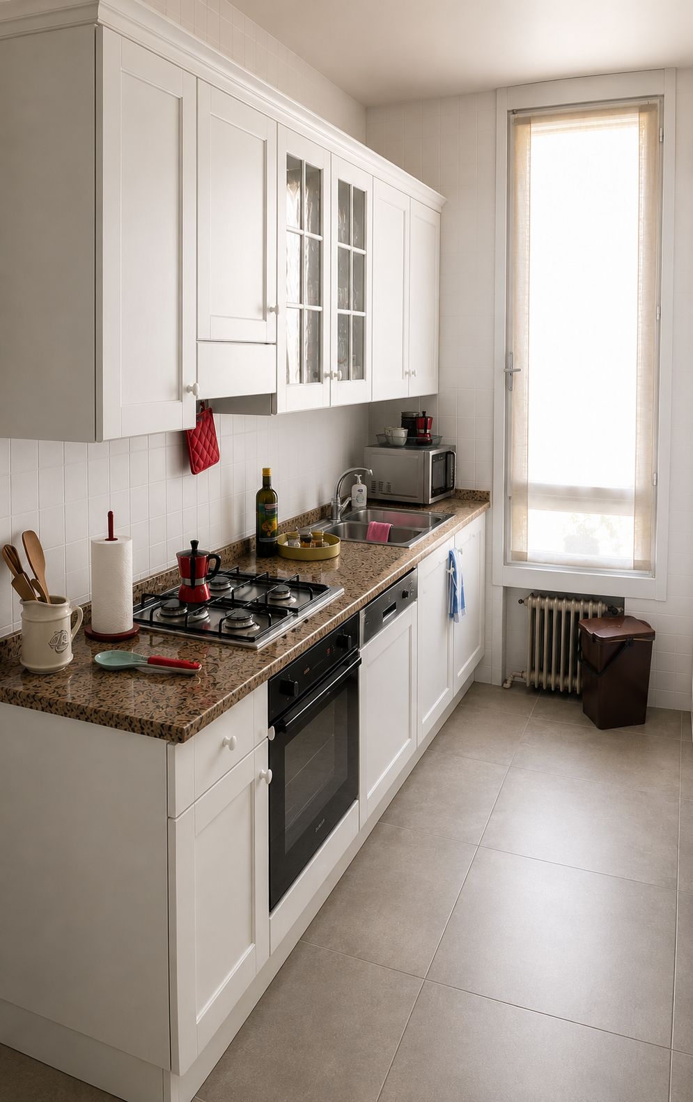 Cucina in stile Shabby Chic, piano in marmo e completa di tutti gli elettrodomestici