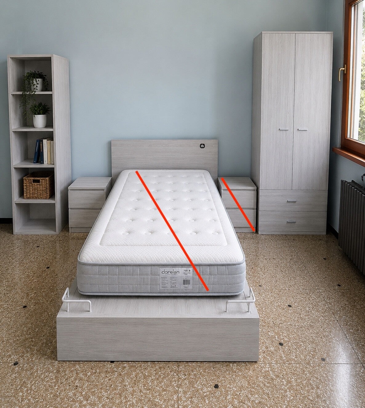 Camera moderna completa di letto francese, armadio 2 ante, comodino, 1 piccola libreria