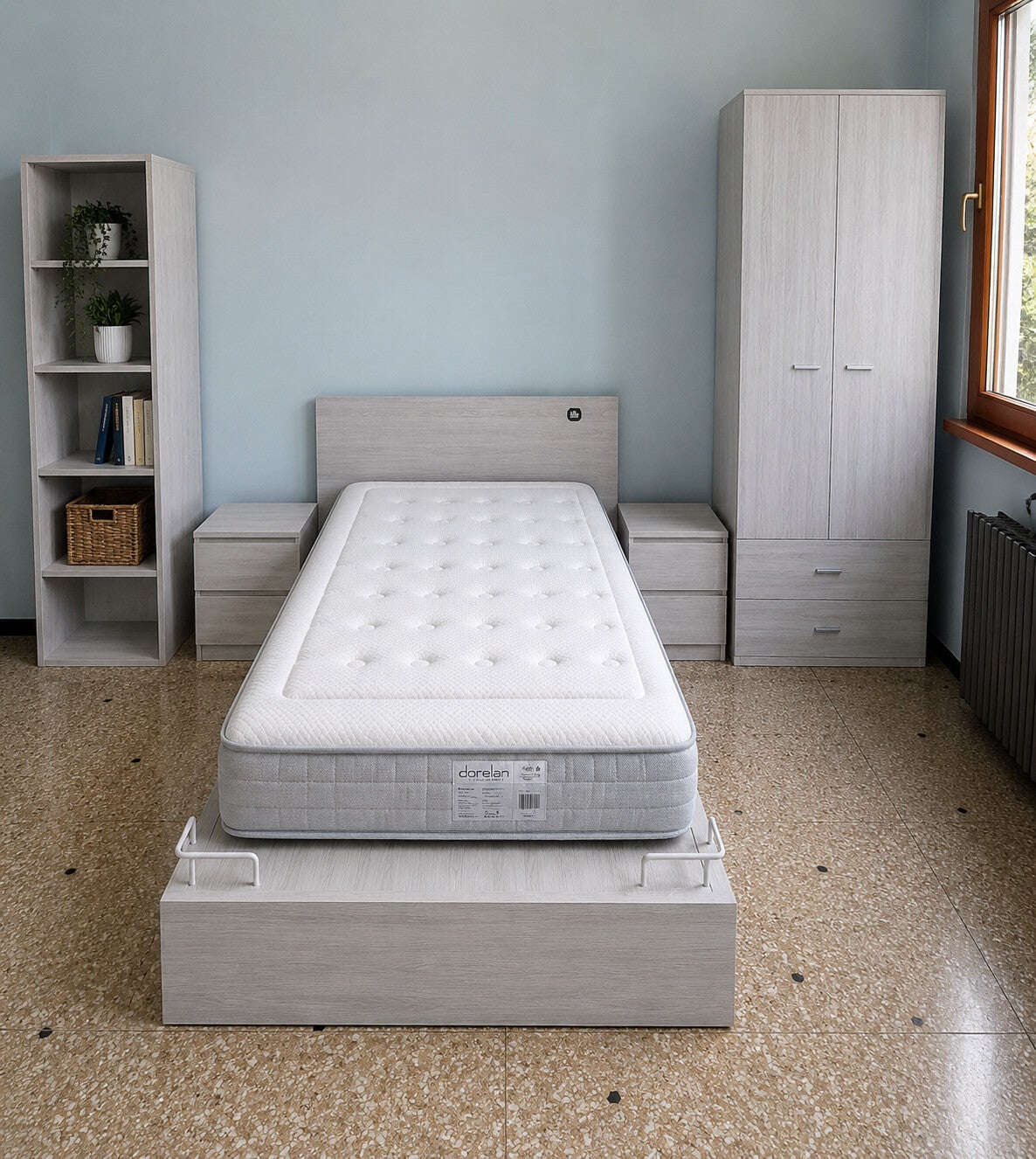 Camera moderna completa di letto francese, armadio 2 ante, comodino, 1 piccola libreria