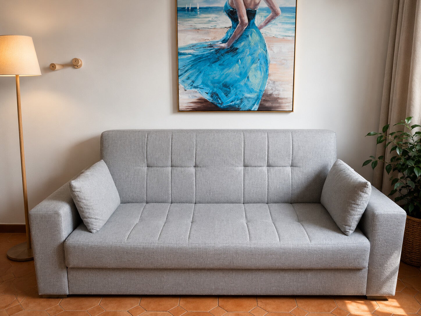 Moderno Divano letto 3 posti color grigio chiaro lunghezza 3 x prof. 1 mt.