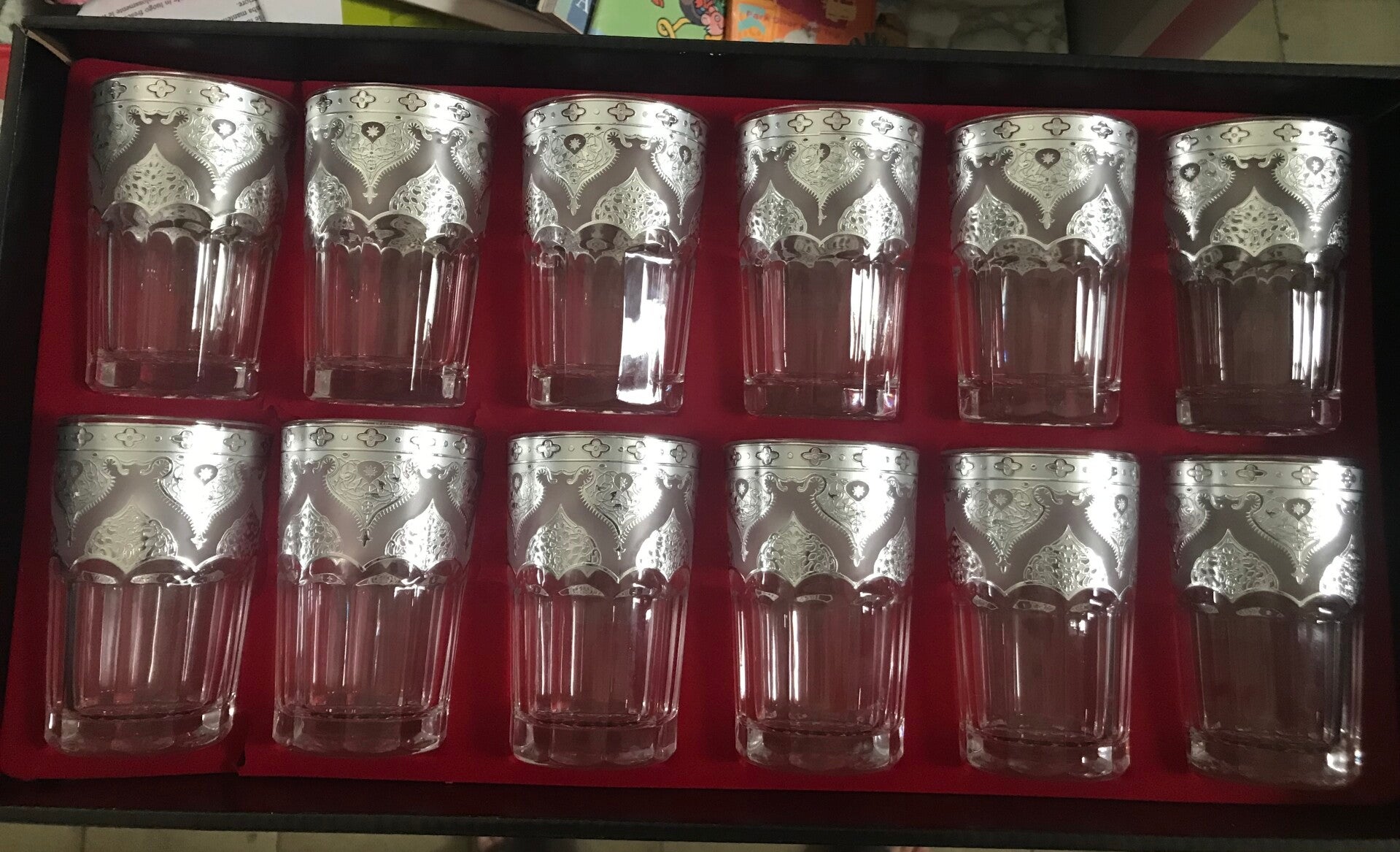Set 12 Bicchieri Tè Cristallo Trasparente Filigrana Argento Stile Arabo Marocco
