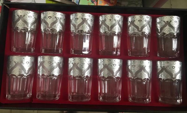 Set 12 Bicchieri Tè Cristallo Trasparente Filigrana Argento Stile Arabo Marocco