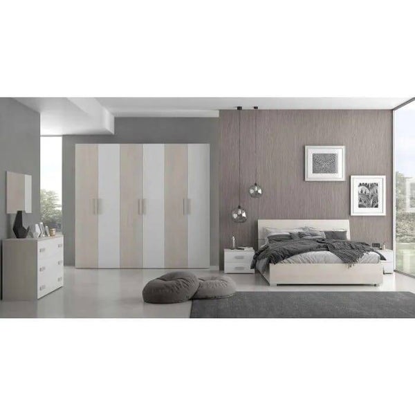NUOVA!  Camera da letto moderna completa di armadio, letto con contenitore, comodini, comò, specchiera.