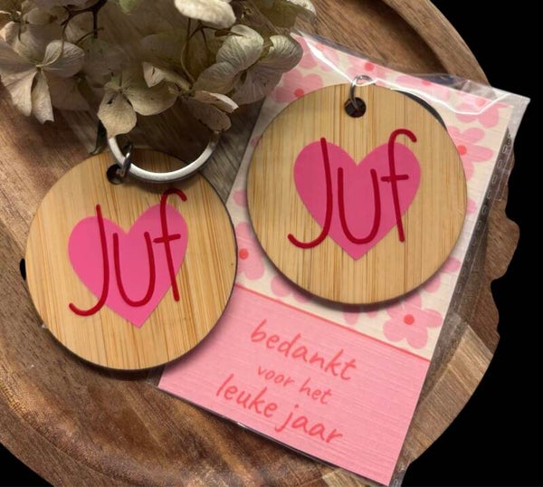 houten sleutelhanger juf