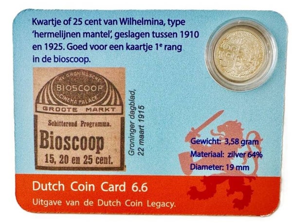 Dutch Coin Card 6.6. Kwartje Wilhelmina 1910-1925.