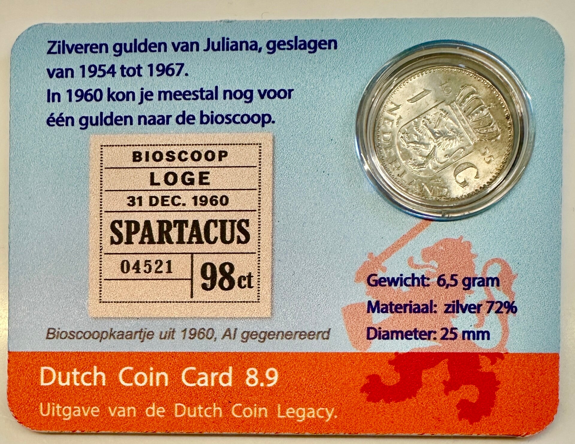 Dutch Coin Card 8.9. Zilveren Juliana gulden 1954-1967.