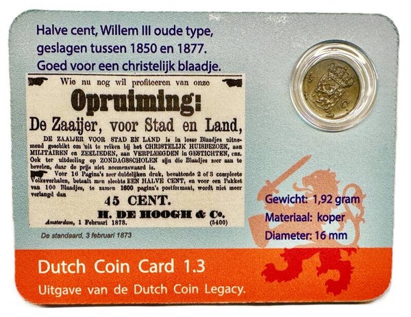 Dutch Coin Card 1.3. Halve cent Wilhelmina 1850-1877.