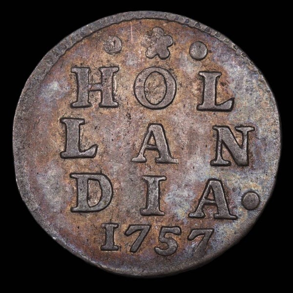 Dubbele wapenstuiver Holland. 1757. Zfr/ Pr.