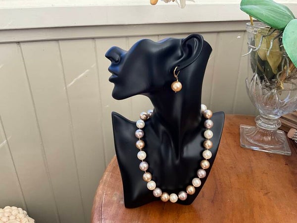 14mm Shell Pearl Necklace Pale Pink/Matt Gold/Cream Mix