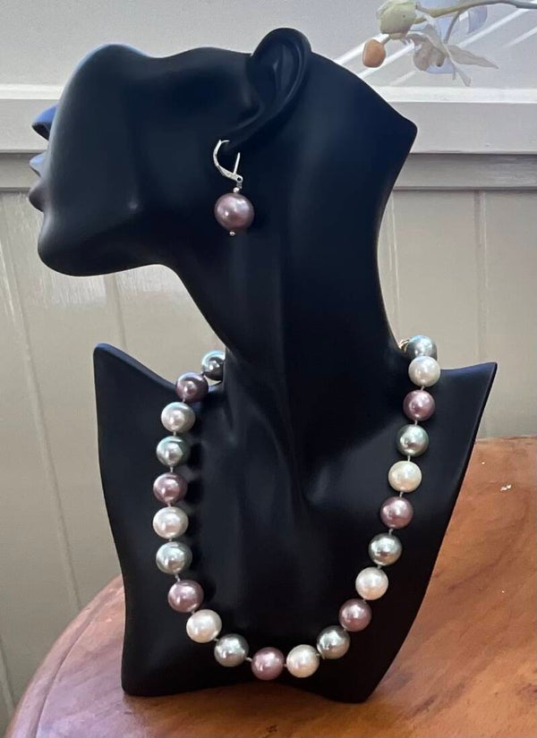 14mm Shell Pearl Amethyst/ Silver/ Cream Mix Necklace