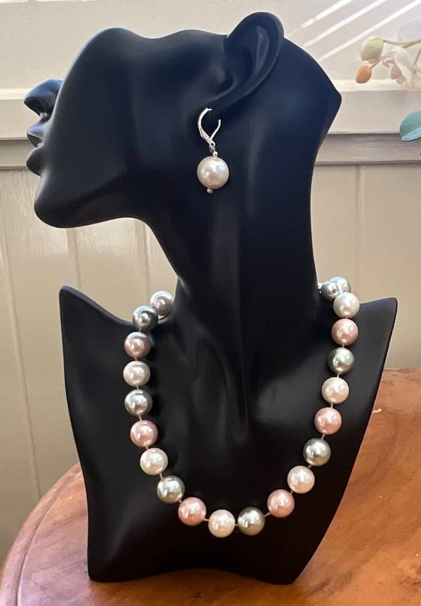 14mm Shell Pearl Silver/Pale Pink/ Cream Mix Necklace