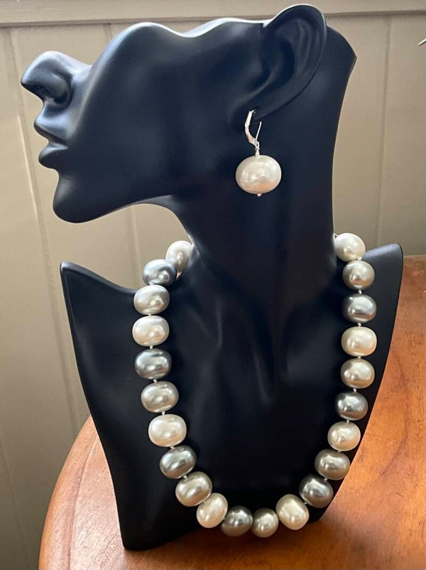 Statement Shell Pearl Necklace: Silver/Grey/ Cream Mix