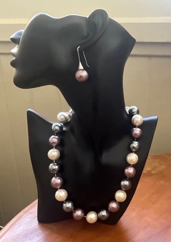 16mm Shell Pearl Necklace: Metallic Grey/White/Amethyst