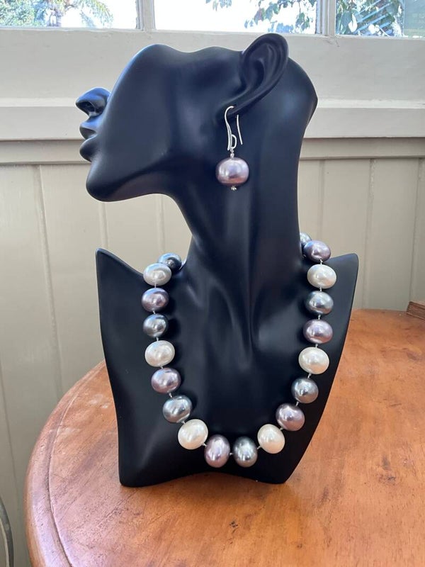Statement Shell Pearl Necklace: Amethyst/Cream/ Grey Mix