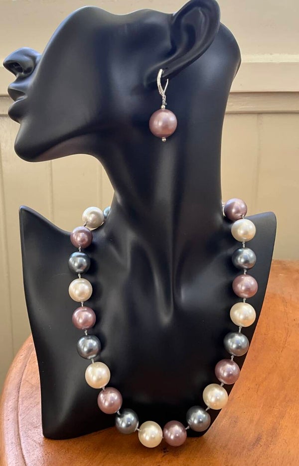 16mm Shell Pearl Necklace: Amethyst/Dark Grey/Cream