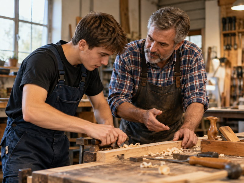 Un jeune apprenti menuisier apprend à travailler le bois sous les conseils de son formateur expérimenté dans un atelier, symbole de transmission des savoir-faire entre générations.