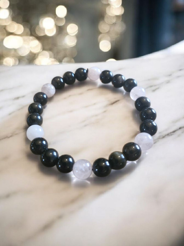 Bracelet en Quartz Rose & Obsidienne Dorée – Amour & Protection