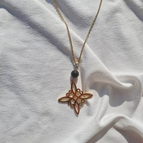 Collier en acier inoxydable doré, Obsidienne dorée et nœud de Wiccan