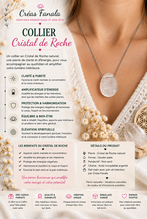 Collier Cristal de Roche Naturel - Acier Inox Argenté ou Doré
