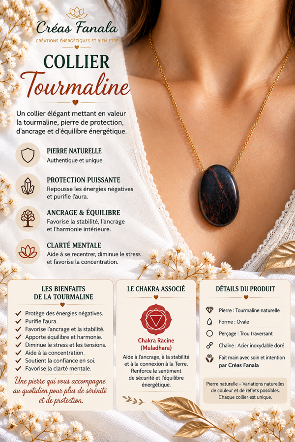 Collier Tourmaline Noire Ancrage - Acier Inox Doré