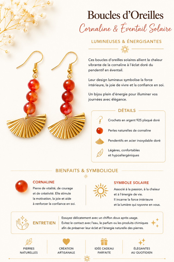 Boucles d’Oreilles Cornaline & Soleil Doré – Vitalité & Confiance