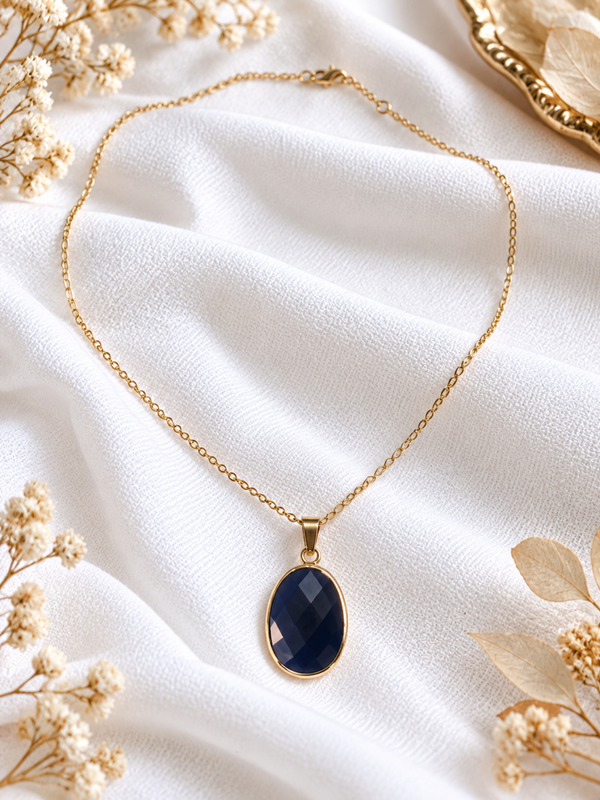 Collier Serti Obsidienne Noire - Acier Inox Doré
