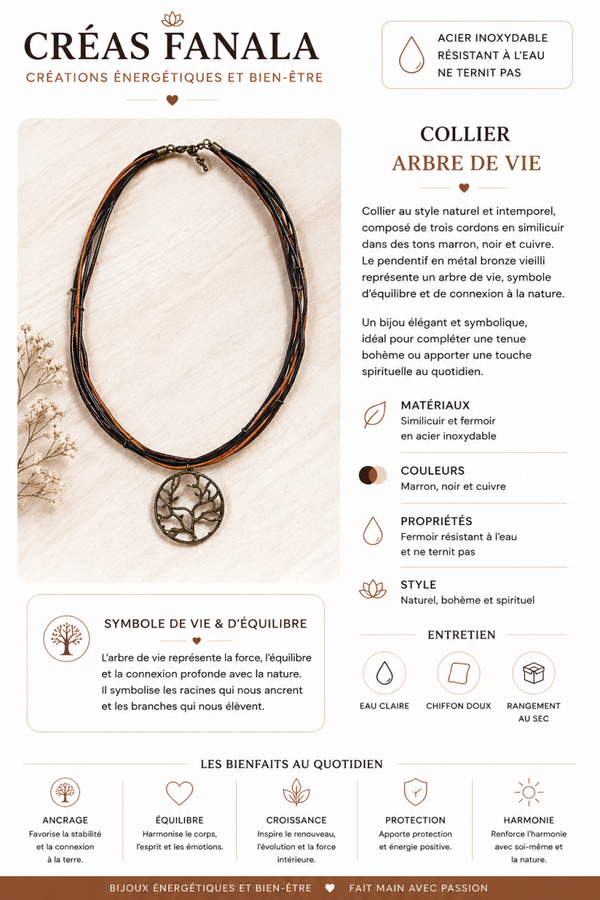 Collier triple cordon & pendentif Arbre de Vie