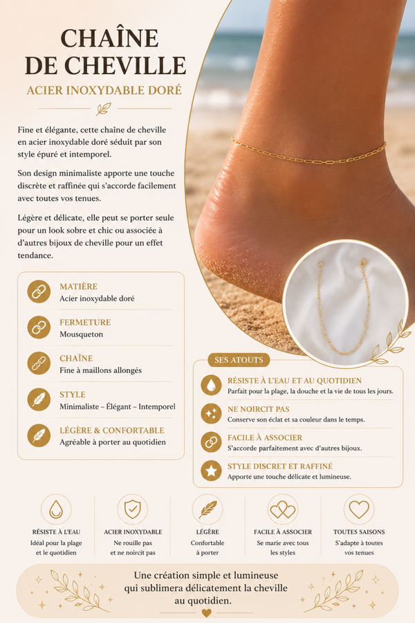 Chaîne de Cheville Minimaliste – Acier Inoxydable Doré