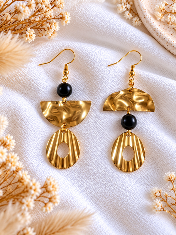 Boucles d'Oreilles Obsidienne Noire - Doré