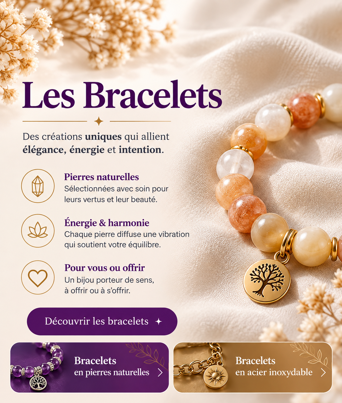 Bracelets artisanaux en pierres naturelles et acier inoxydable – Créas Fanala