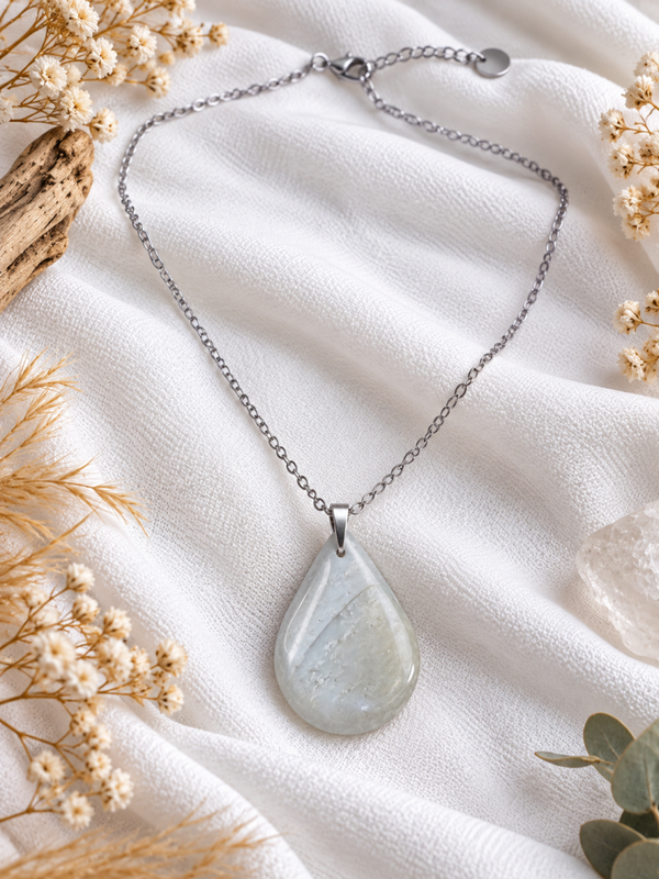 Collier Pierre de Lune Beige - Acier Inox Argenté