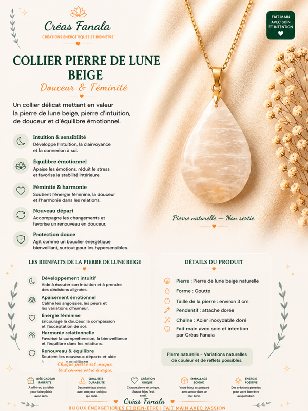 Collier en acier inoxydable et Pierre de Lune beige