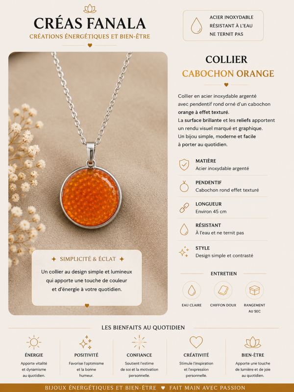 Collier cabochon orange – Acier inoxydable
