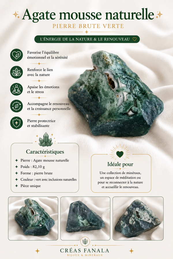 Agate mousse naturelle – Pierre brute verte (82 g)
