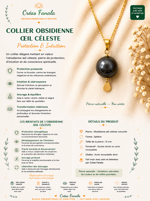 Collier en acier inoxydable doré et Obsidienne Dorée
