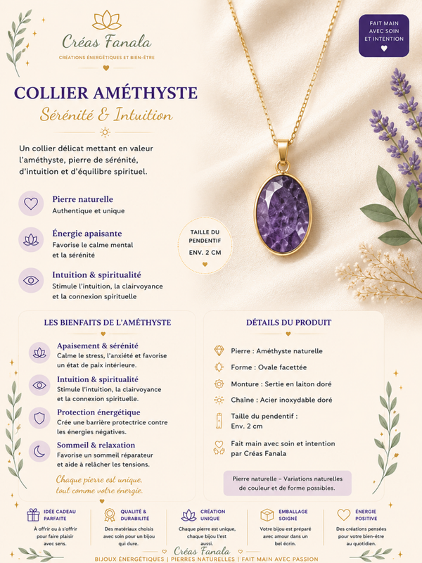Collier pendentif Améthyste serti – Chaîne acier inoxydable doré
