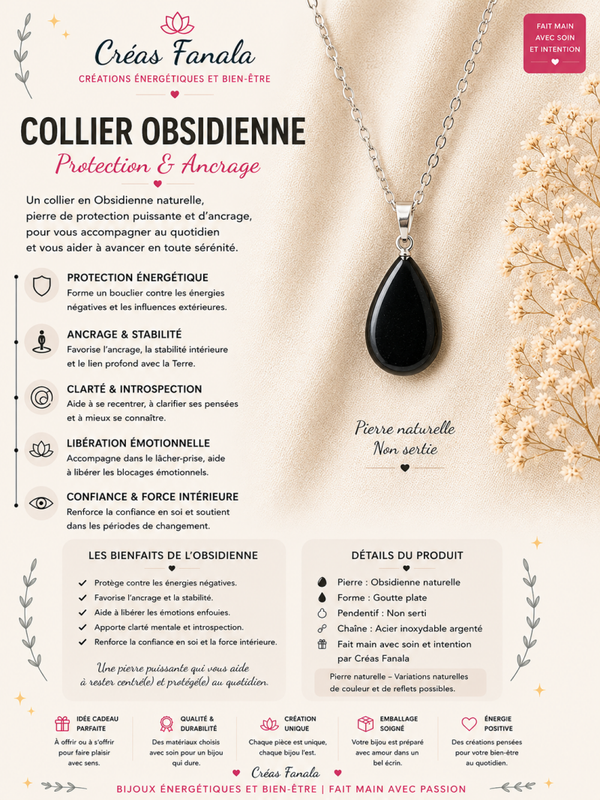 Collier en acier inoxydable et Obsidienne Noire