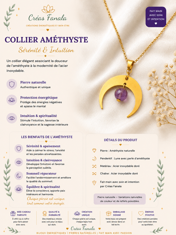 Collier en acier inoxydable & améthyste