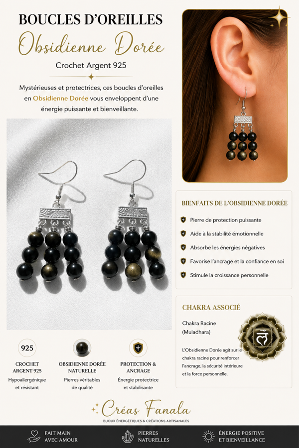 Boucles d’oreilles Obsidienne Dorée