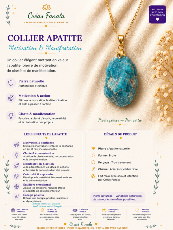 Collier en acier inoxydable doré et Apatite bleue brute