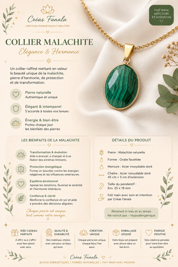 Collier Malachite Sertie – Acier Inoxydable Doré